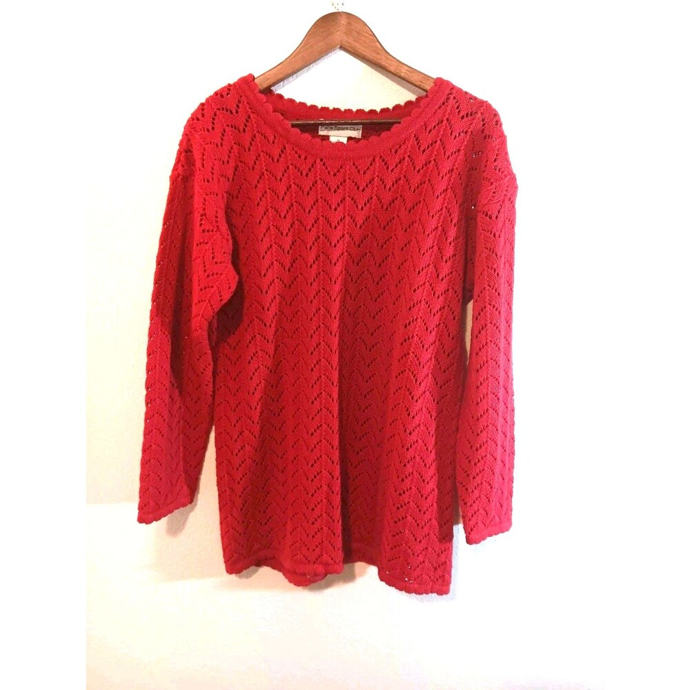 Vintage 90s Paris Sports Club Red Ramie Cotton Chevron Lace Knit Sweater Size M